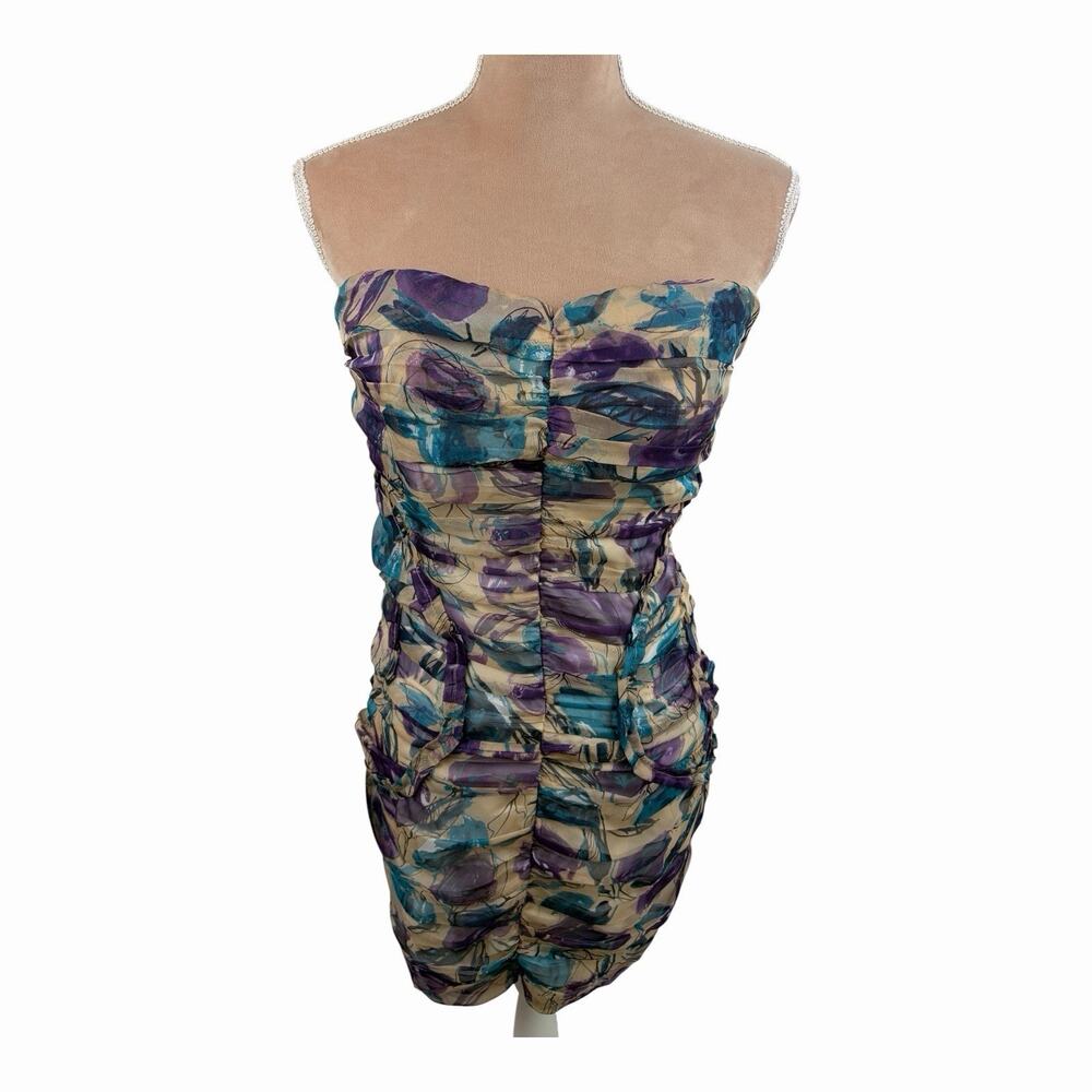 Nikibiki Strapless Ruched Mini Dress Floral Purple Blue Beige Size L Juniors